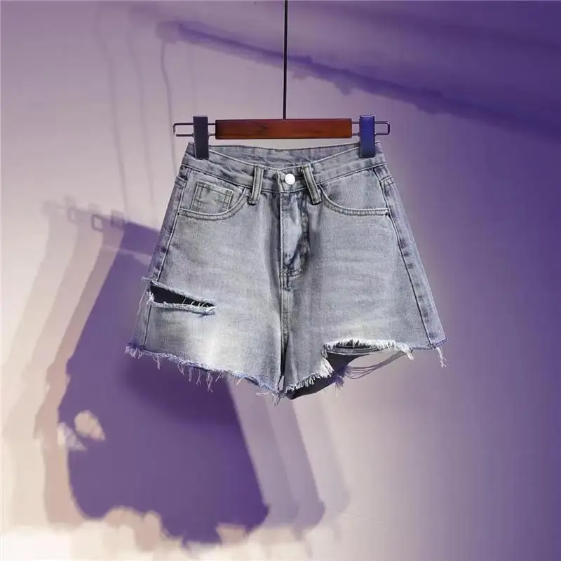 New Casual High Waist Denim Shorts Women Summer Pocket Tassel Hole Ripped Jeans Female Femme Short Pants N11