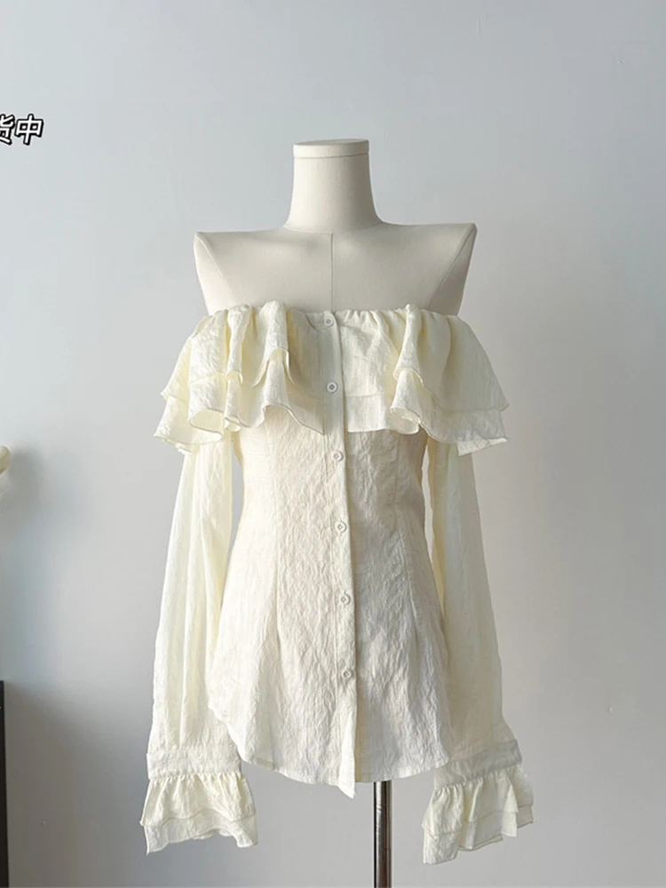 

French Fashion Casual Shirts Slash Neck Beach Blouses Flare Sleeve Gyaru Autumn Y2k Coquette Single Breasted Design New Trend