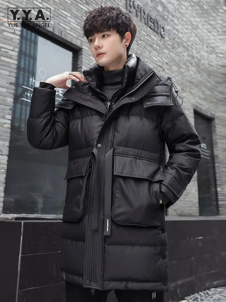 

Модное мужское пуховое пальто, новинка 2022, зимнее плотное теплое пальто с капюшоном, уличная одежда, модная повседневная длинная куртка в стиле панк из искусственной кожи