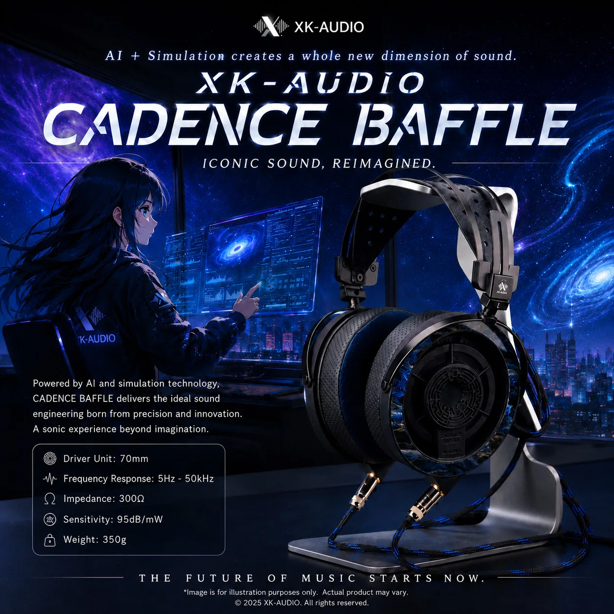 Фото Наушники XK-AUDIO CADENCE BAFFLE с 70-мм динамиком, открытой конструкцией, диапазоном частот 5 Гц-50 кГц, сопротивлением 300 Ом, Hi-Fi, аудиофильские, полноразмерные, с разъемами 3.5, 4.4, 6.35 мм, XLR №2
