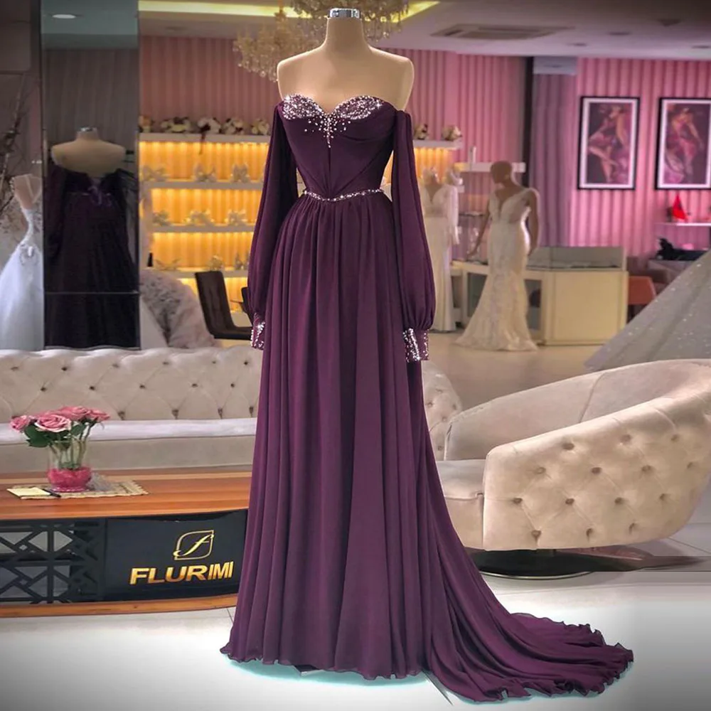 

ANGELSBRIDEP Arabic Dubai Evening Dresses A Line Deep Purple Off Shoulder Sequins Prom Gown Train Party Dress Abendkleider HOT