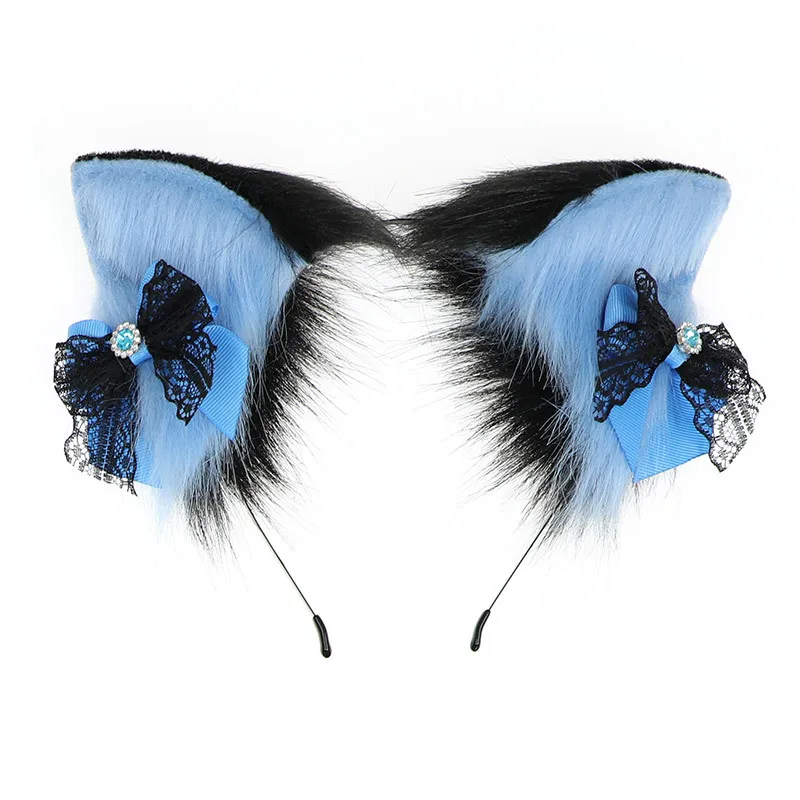 

High Quality Cat Ears Diy Moving Anime Cosplay Girl Kawaii Blue Plastic Lolita Headband Accessories Colored Fox Lace Decor