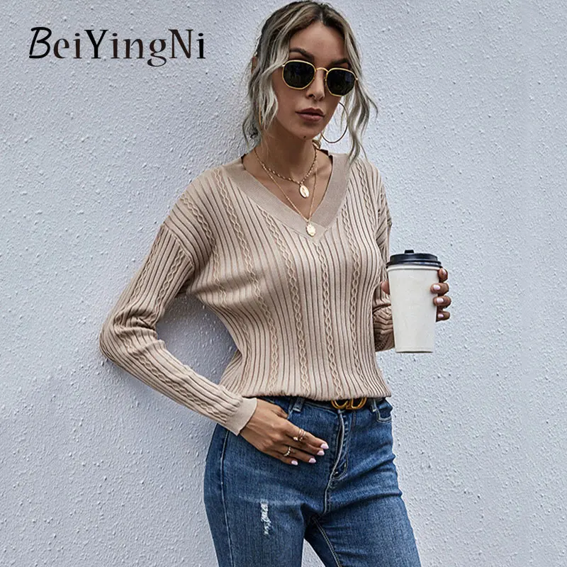 

Женский свитер с длинным рукавом Beiyingni, однотонный Повседневный вязаный пуловер с V-образным вырезом, винтажный облегающий простой джемпер, ...
