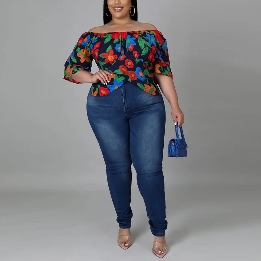 Plus Size Shirts for Women 4XL 5XL 2022 Suummer New Floral Printed Off the Shoulder Fashion Large Ladies Tops Shirts Hot Style