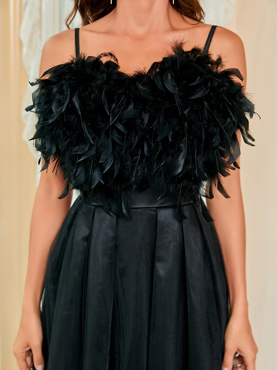 Fashion Feather Women Wedding Party Dresses Sling Mesh Sexy Clothing Women Vintage A-line Vestidos Tea-length Maxi Dress Woman