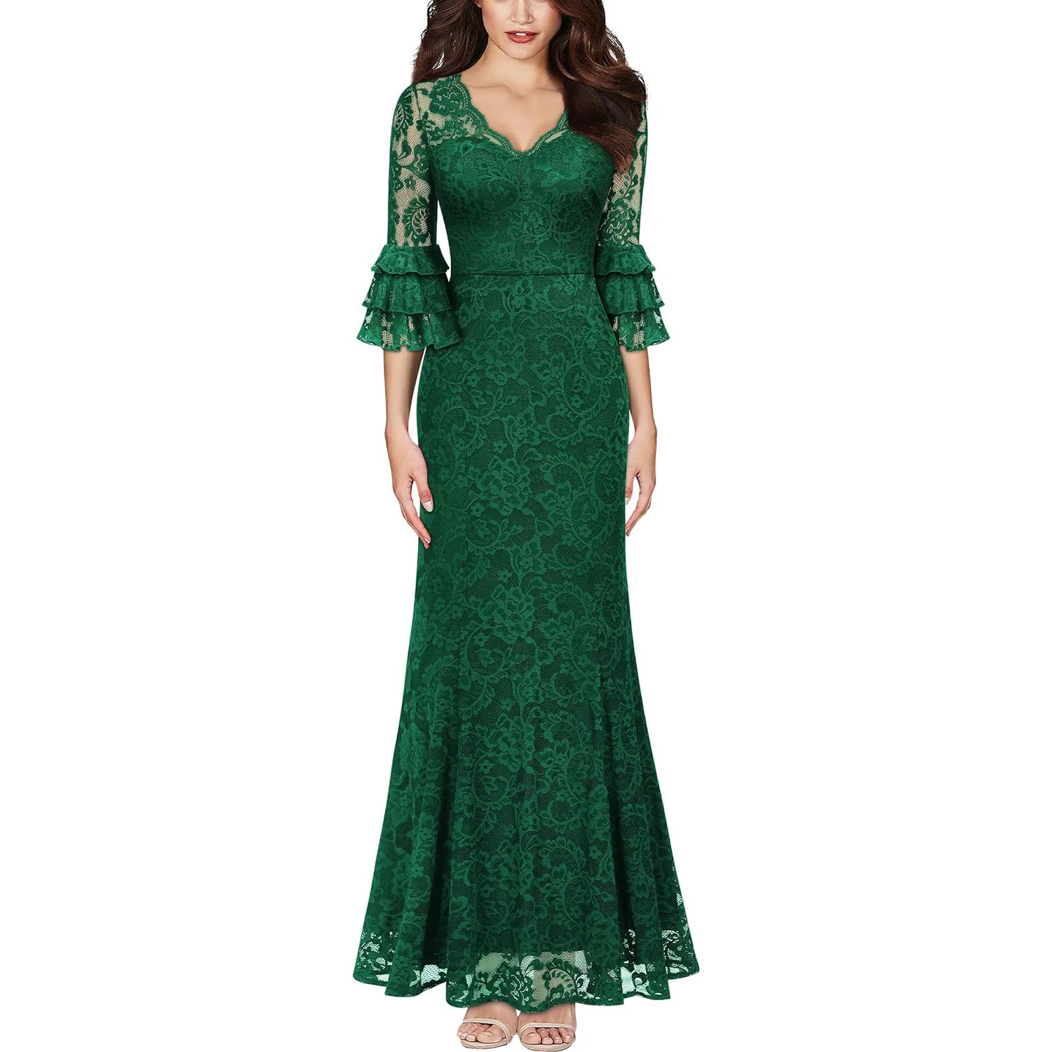 

Women's Elegangt V Neck Butterfly Sleeve Floral Lace Evening Party Long Dress