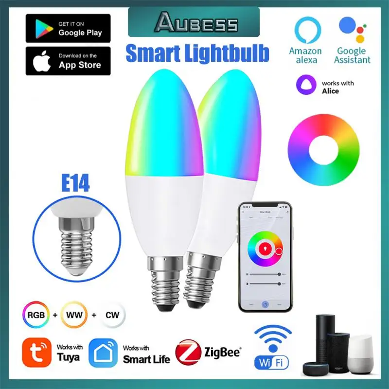 

Tuya Wifi Smart Light Bulb E14 RGB+CCT 100-240V 5W Dimmable LED Light Bulb Support Alexa Google Home Yandex Alice Zigbee Gateway