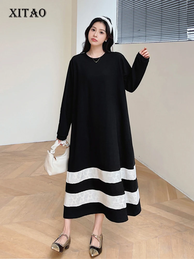

XITAO, модное Повседневное платье-футболка, свободное, простое, в полоску, контрастный цвет, соединенный подол, осень, длинный рукав, новинка, для женщин, DMJ2370