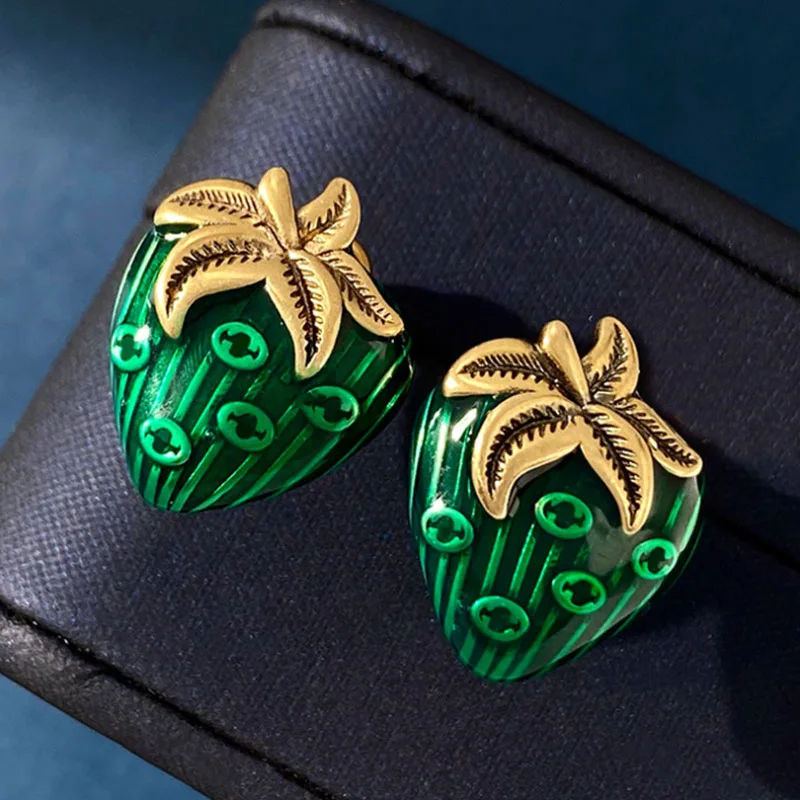 

Donia Jewelry European and American Fashion Enamel Green Strawberry Titanium Steel Silver Needle Luxury Retro Earrings