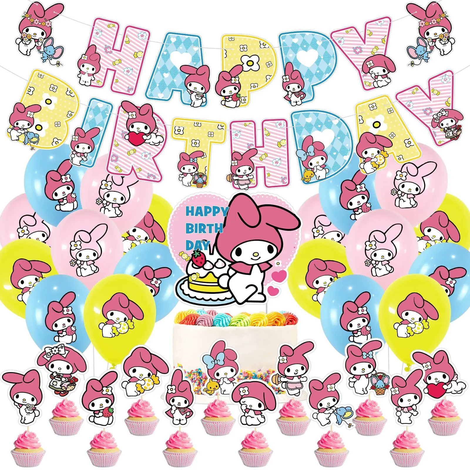 

32PCS Sanrio Kuromi Theme Birthday Party Decoration Flag Cake Card Balloon Spiral Decoration Invitation Card Suit for Children