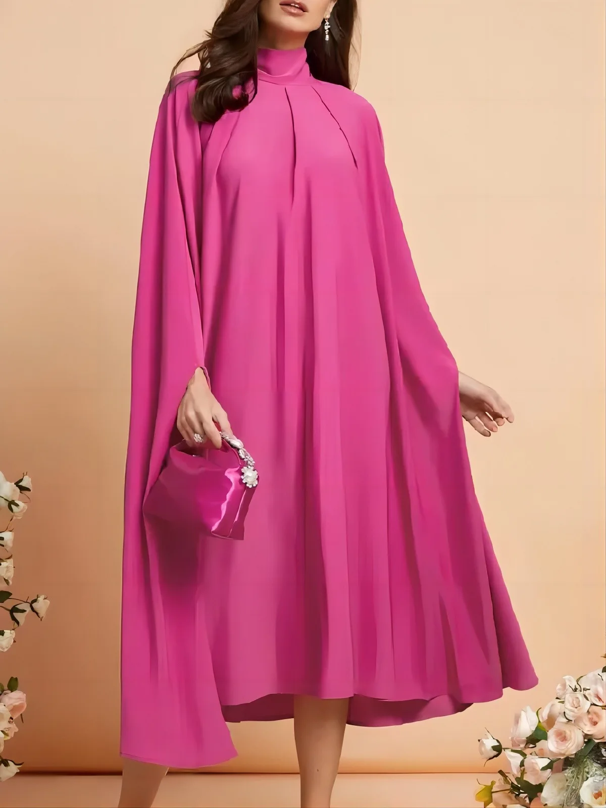 

Female Autumn Vintage Elegant Party Evening Dress Batwing Sleeves Lace-Up Solid Color High-Neck Midi Dresses For Women