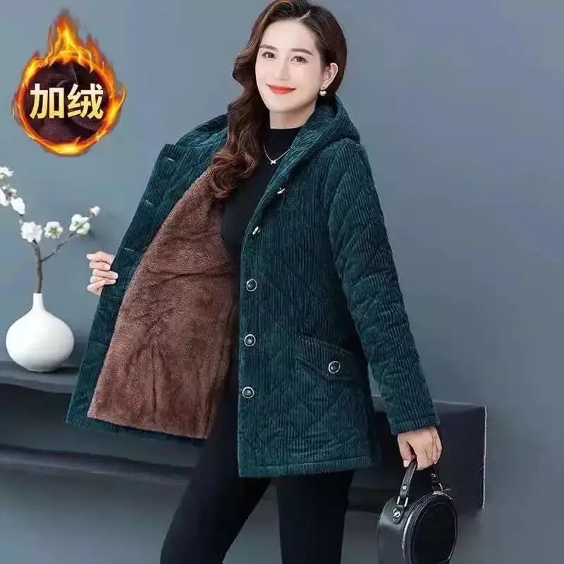 New Women Jacket Winter Fleece Thicke Corduroy Outerwear Parker Female Hooded Cotton Padded Coat Clothes 5XL Women Basic Coats