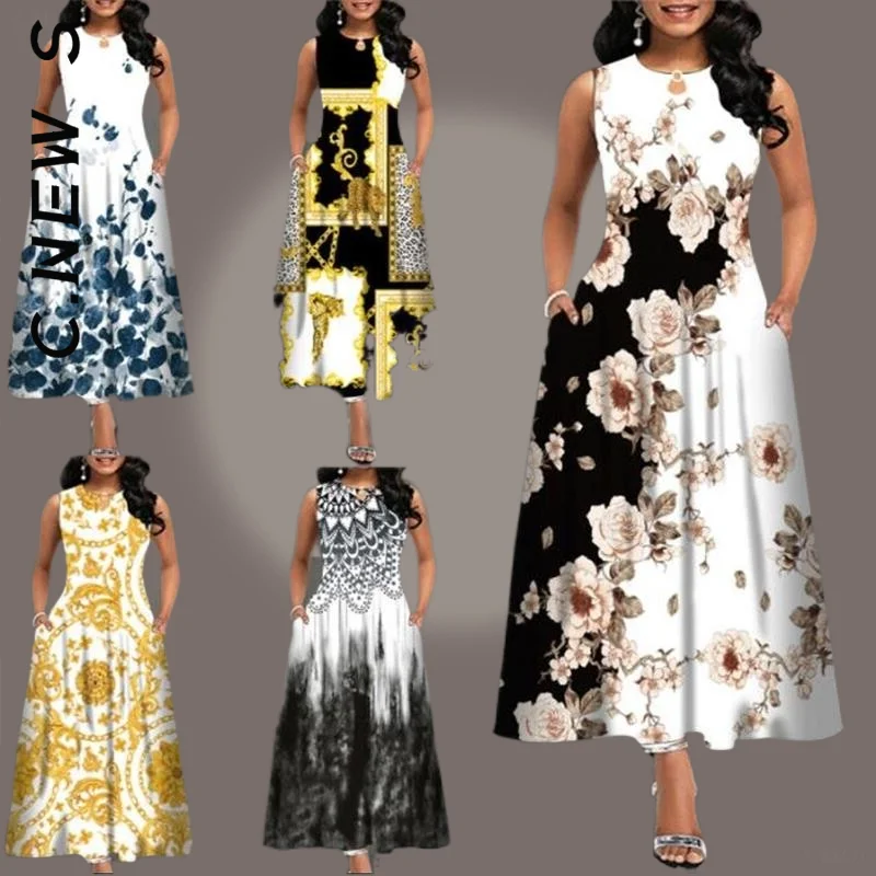 

C.New S Fashion Women Dress All-Match Outfits Loose Floral Vintage Hole Ruffles Befree Dress Elastic Clothing Female Vestidos