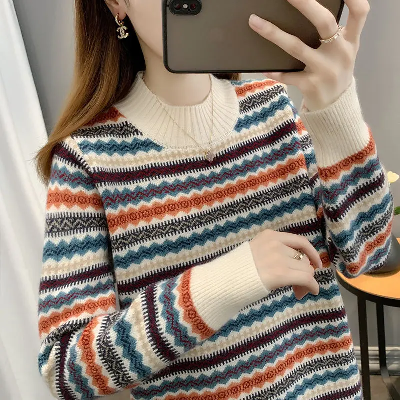 

Basic Striped Sweater Women Velvet Inlined Knitted Pullover Mock Neck Top Autumn Winter Elastic Bottoming Shirts Warm Jumper