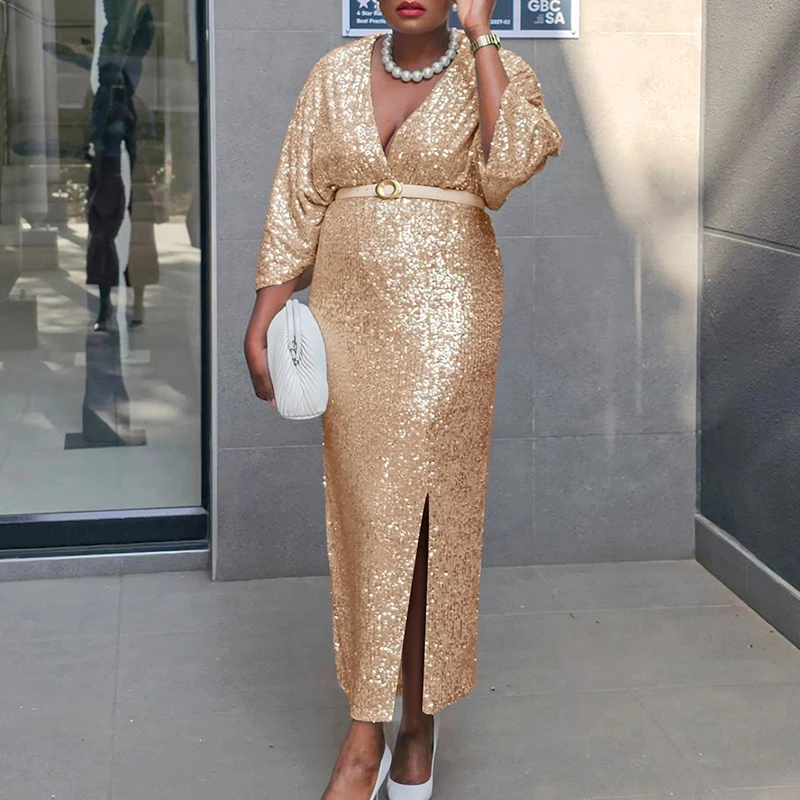 Элегантное вечернее платье с глубоким v-образным вырезом и рукавами 3/4 женское