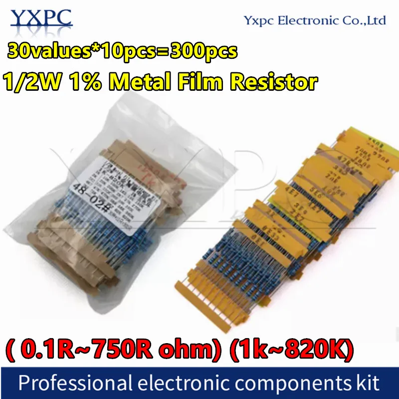 

30values*10pcs=300pcs 1/2W 1% 0.5W Metal Film Resistor Assortment Kit( 0.1R~750R ohm) (1k~820K) Resistance