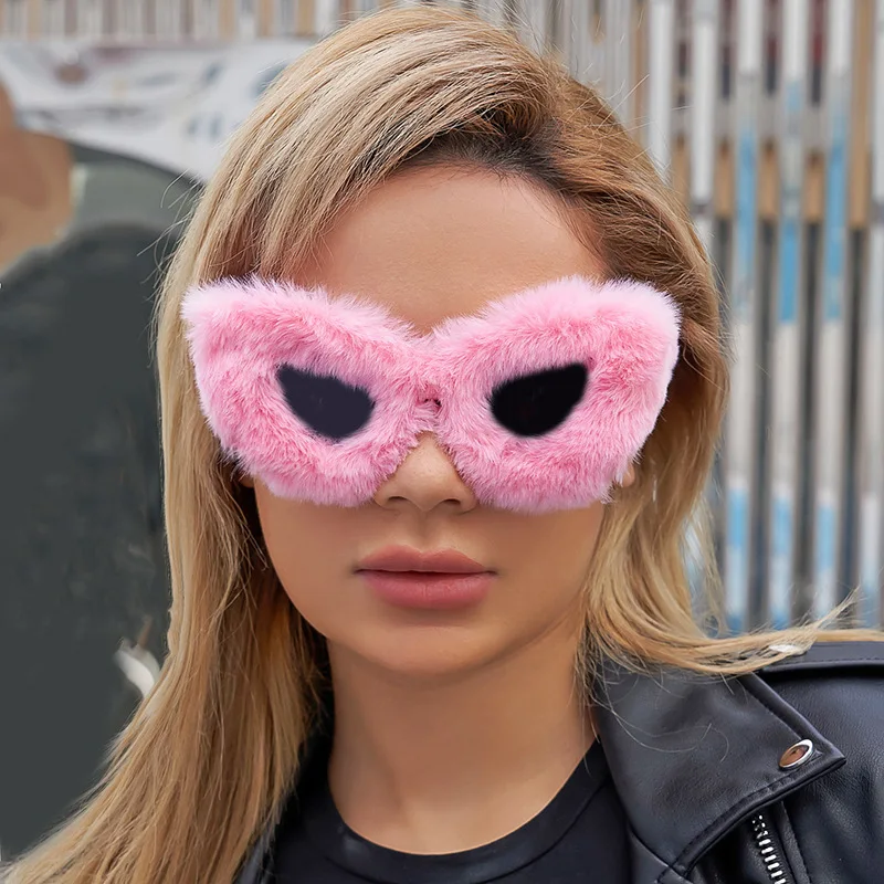 

Hip Hop Fluffy Cat Eye Sun Glasses Female Vintage Party Eyewear Winter Cute Plush Sunscreen Glasses Funny Cosplay Glasses
