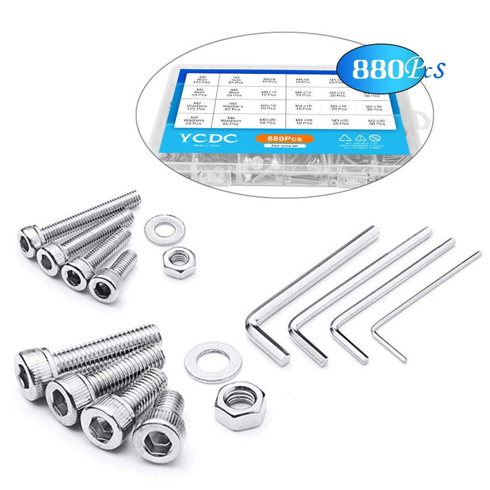 

880Pcs/set M2 M3 M4 M5 20mm 16mm 12mm 8mm Socket Head Screw 304 Stainless Steel Allen Hexagon Hex Socket Cap Head Screw Bolt