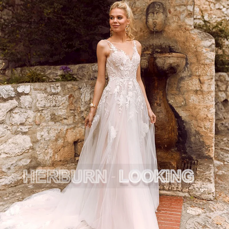 

HERBURNL Elegant Wedding Dress For Women 2022 Sweetheart Chiffon A-Line Appliques Bridal Backless Floor-length Robe De Mariée