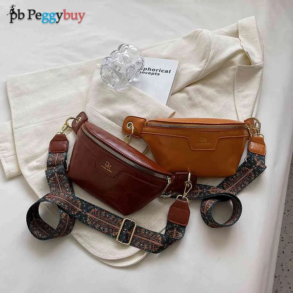

Ladies Vintage Sling Waist Pack Zipper Oil Wax Solid Leather Crossbody Bags Female Retro Wide Strap Leisure Travel Shoulder Bag