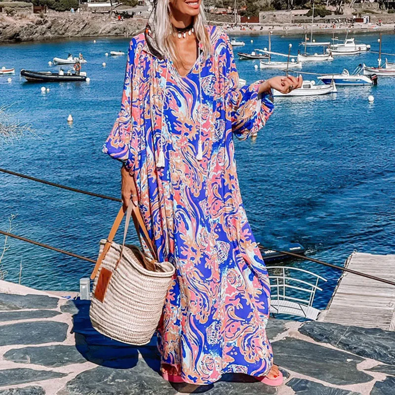 

Elegant V Neck Lace-up Women Party Dress 2022 Spring Pattern Print Vintage Long Dress Autumn Long Sleeve Loose Maxi Beach Dress