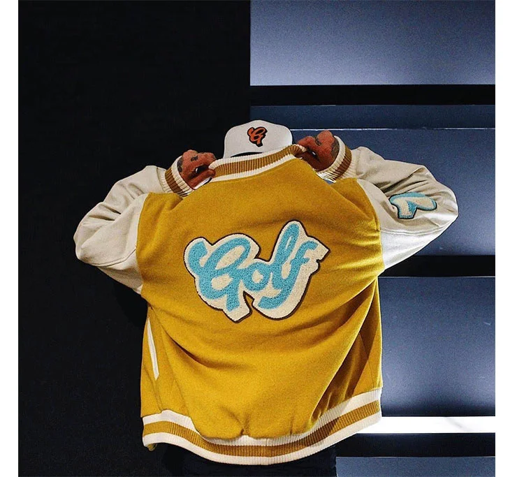 

2022 GOLFWANG baseball uniform leather sleeve stitching quilted jacket towel embroidered rap men and women GOLF jacket WY591