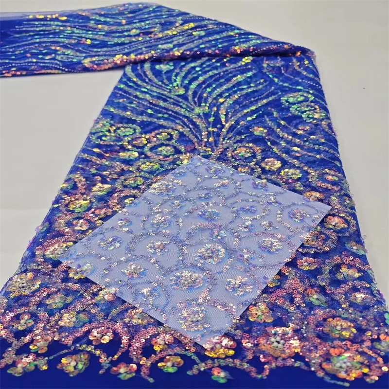 

African Beads Lace Fabric With Sequins 2024 Newest High Quality Nigerian Embroidered African Lace Fabric 5 Yard For Party Dress