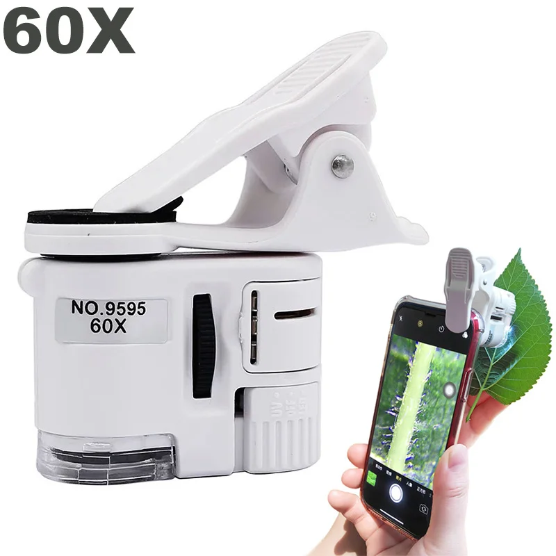 

Portable Mini Phone Microscope 60X LED Jewelry Magnifying Adjusted Magnifier Pocket Microscope with Cell Phone Clip UV Light