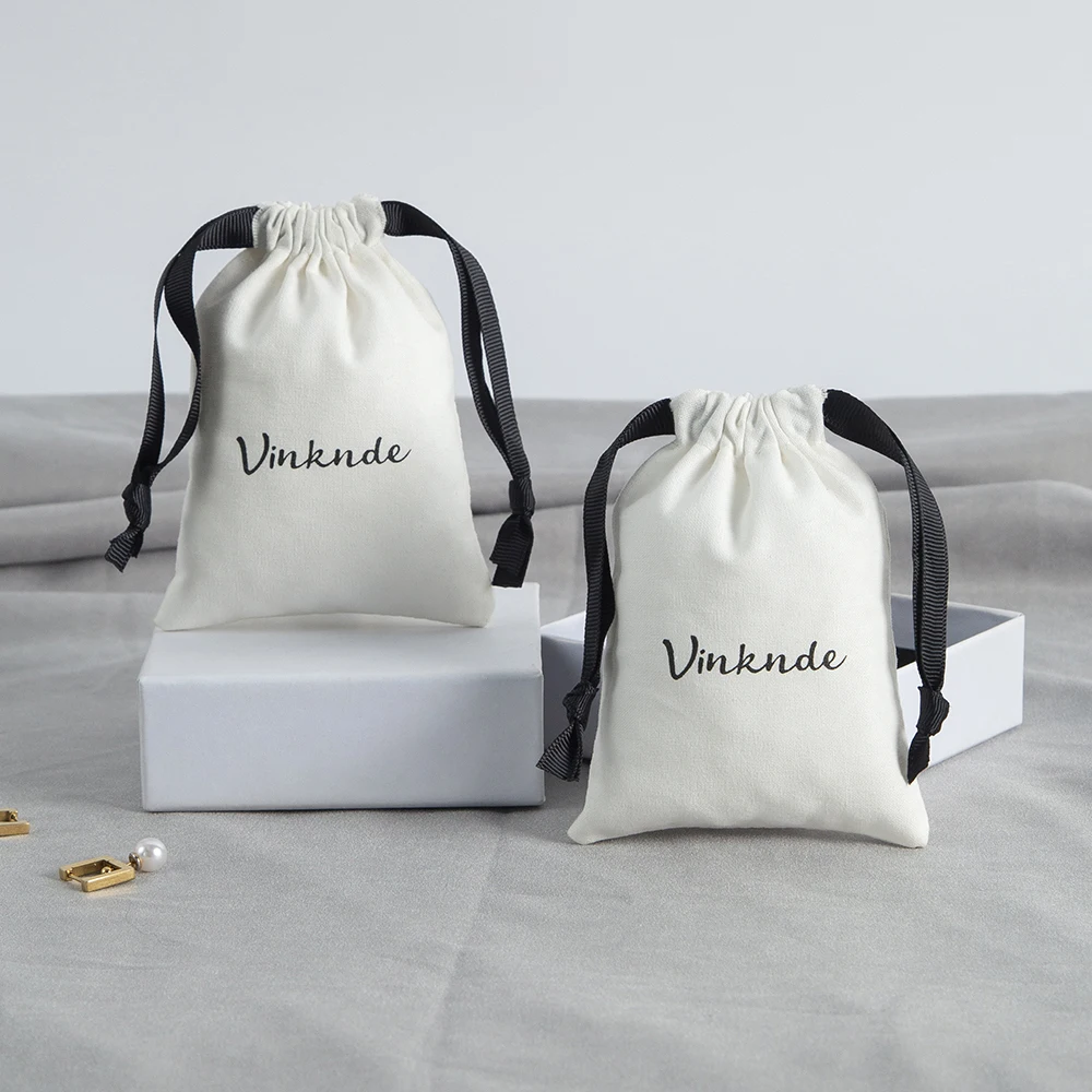 Drawstring Jewelry Gift Bags 100-Pack White Cotton Cloth Pouches With Black Ribbon in Bulk Custom Logo Wedding Favors Candy Bag