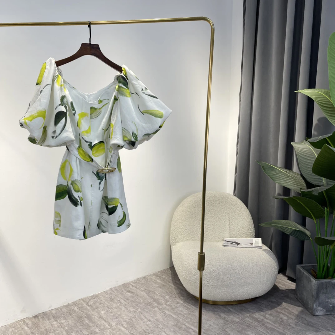

2022 Summer Fashion Women Clothing Sweet Style Yellow Lemon Print Lantern Sleeve Breathable Natural Linen Dresses