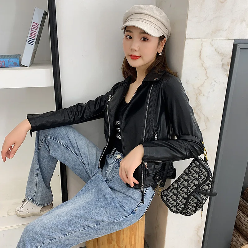 Lapel zipper 2023 spring and autumn clothes new small leather short slim-fit coat