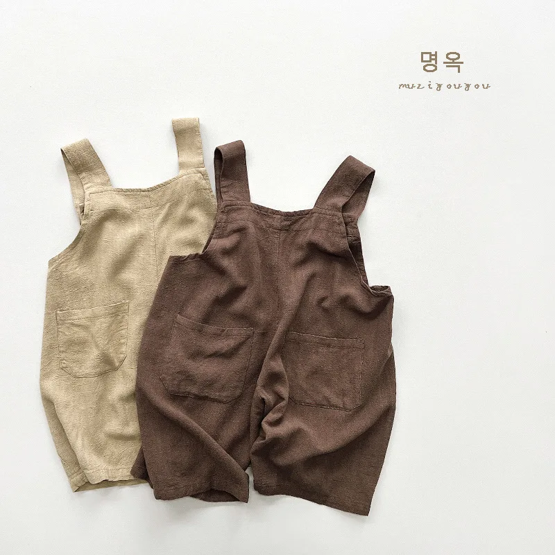 

2023 Summer New Children Loose Casual Overalls Solid Boys Strap Pants Cute Girls Pocket Overalls Vintage Kid Soft Cotton Clothes