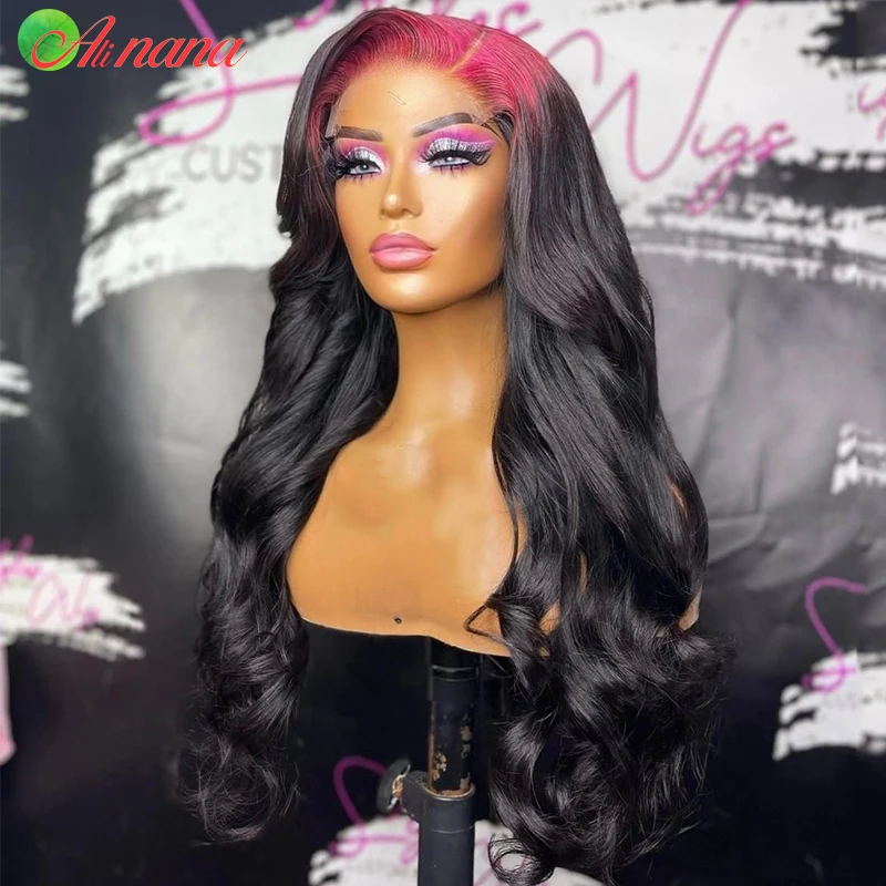 Alinana Red Roots Body Wave 13x6 Lace Frontal Wig Pre-Plucked Transparent Lace Human Hair Wigs For Black Women Ombre Red Colored