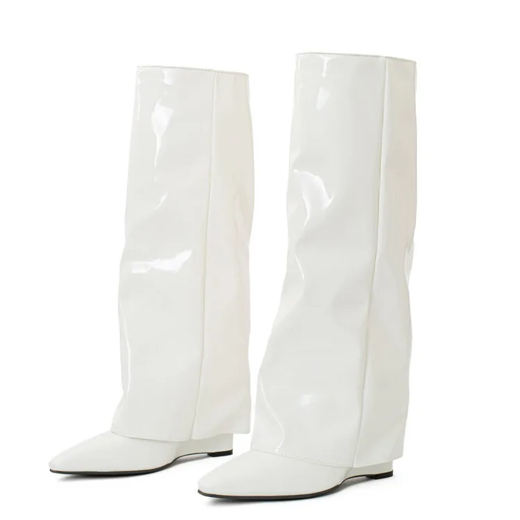 2023 Wedge High Heel Women Patent Leather Knee High Boots Winter Fashion Pointed Toe Slip On Big Size Trouser Boots