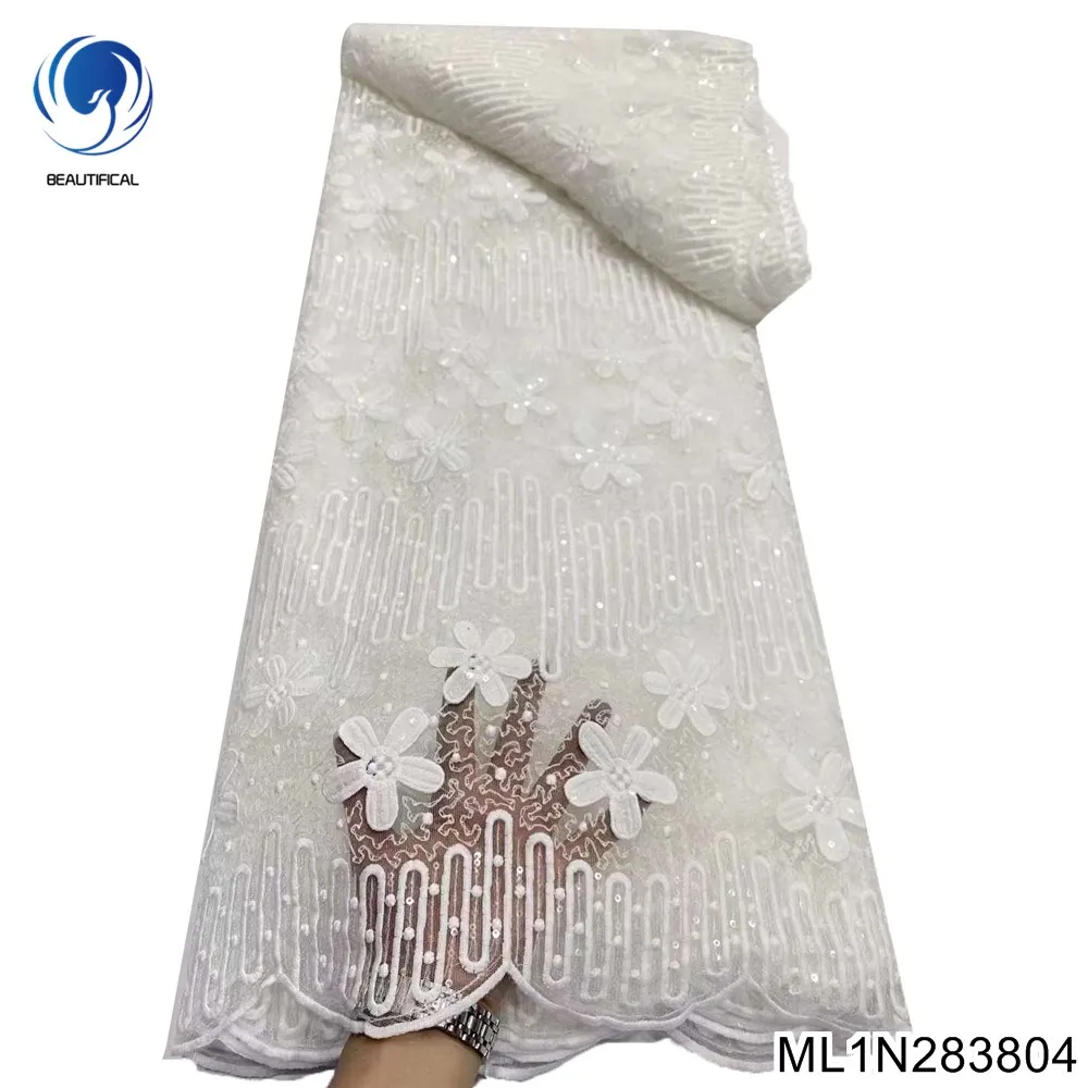 

White African Lace Fabric High Quality Embroidery 2022 French Tulle Lace Nigerian Sequins Lace Fabric for Wedding ML1N2838