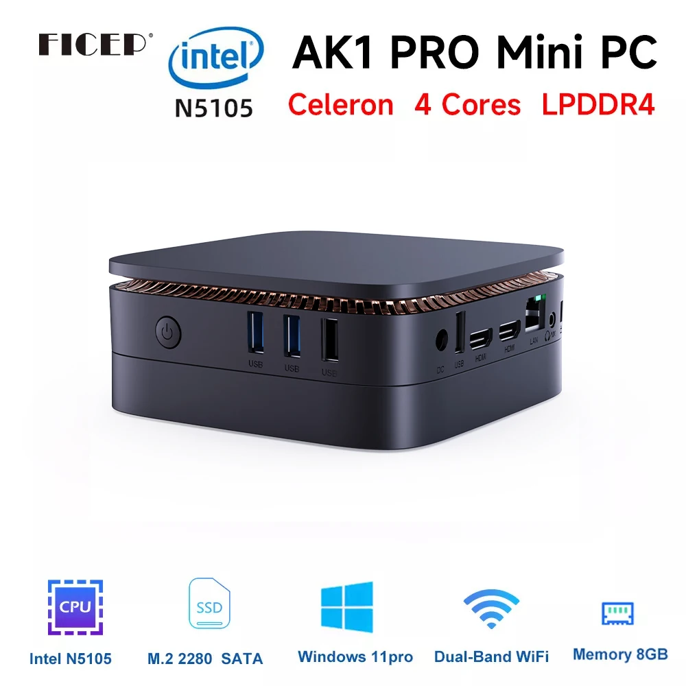 

Ficep AK1 Pro Celeron N5105 Mini Pc Windows 11 Intel DDR4 8GB 16GB 128GB 256GB 512GB WIFI Windows 10 Computer PK Beelink minipc