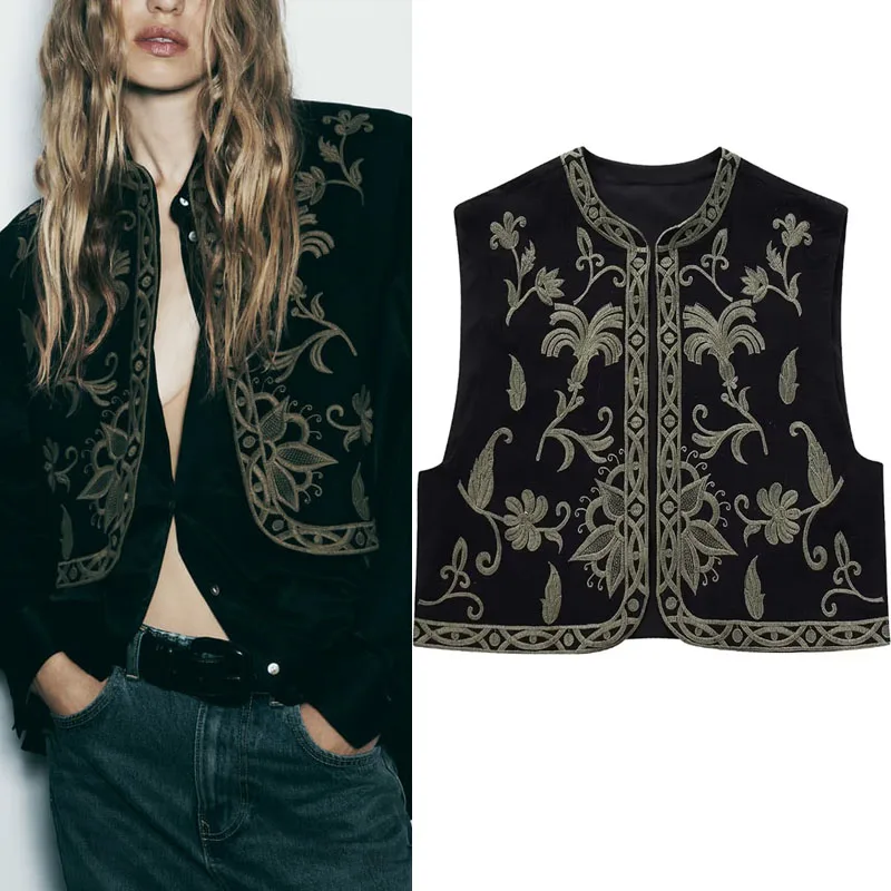 

TRAF Black Vintage Embroidered Floral Vest For Woman 2023 Folk Open Front Sleeveless Short Coats Autumn Fashion Round-Neck Tops