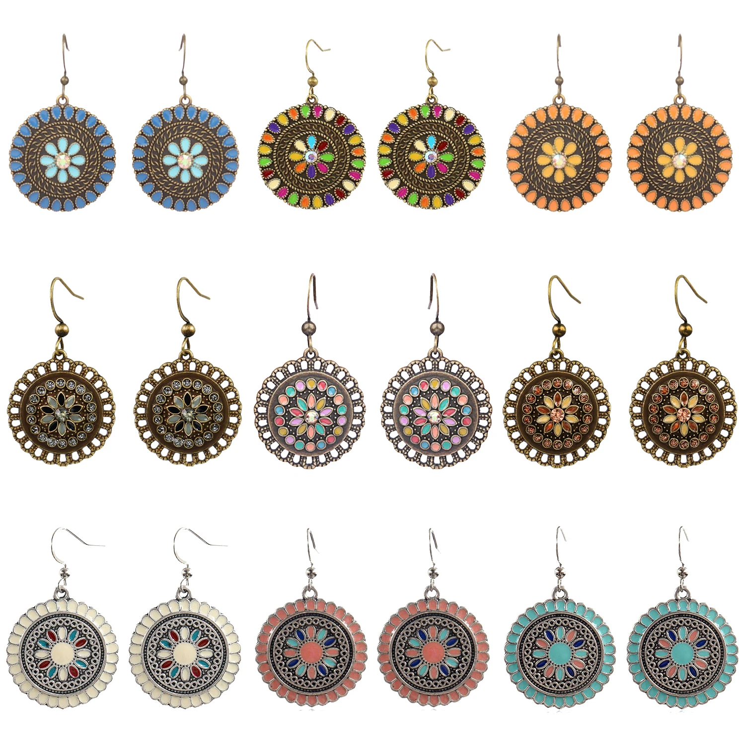 

Ethnic Retro Multicolor Drop Oil Sun Flower Earrings for Women Boho Inlaid Rhinestone Carved Round Dangle Earring Jhumka Jewelry