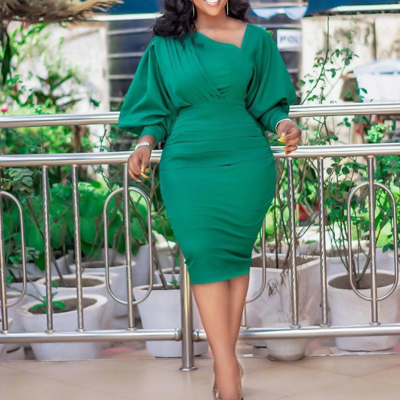 

Elegant Women Dress Lantern 3/4 Sleeve Bodycon Pleated Dresses Spring Summer Chic Fashion 2022 Vintage Clothes
