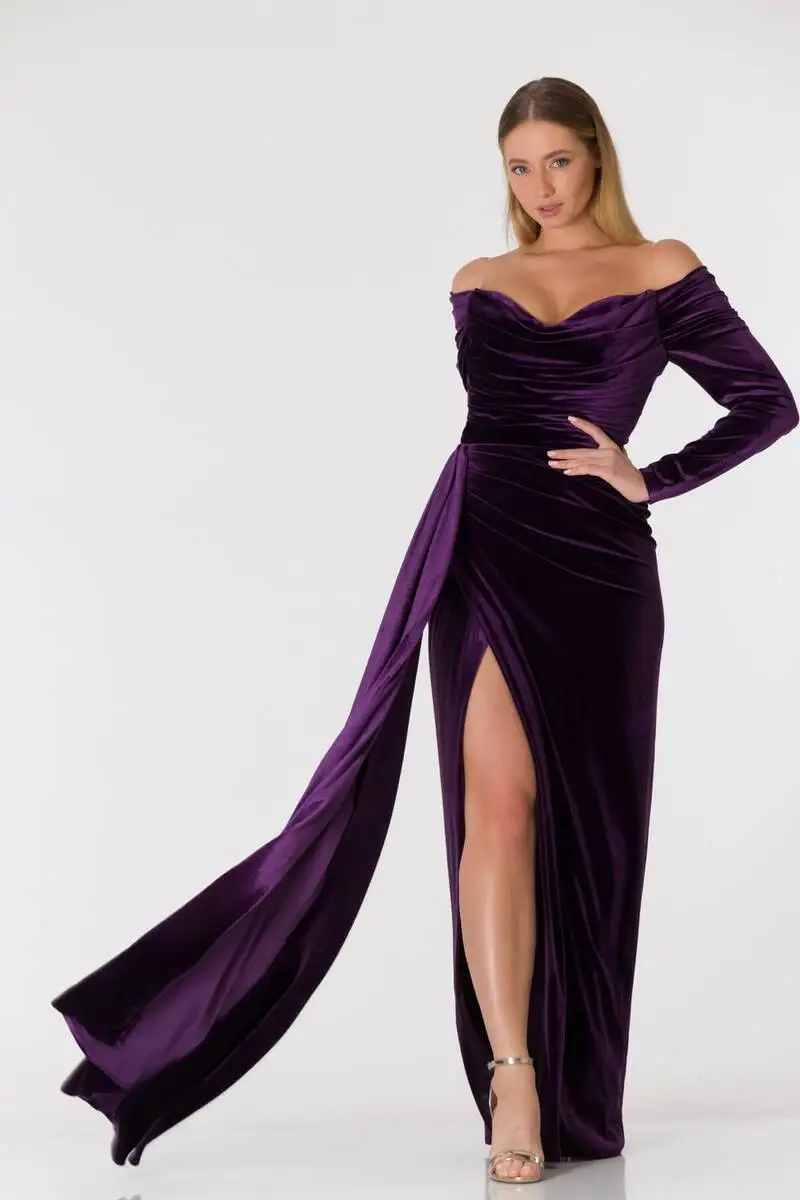 

Drape Collar Slits Velvet Evening Dress Purple