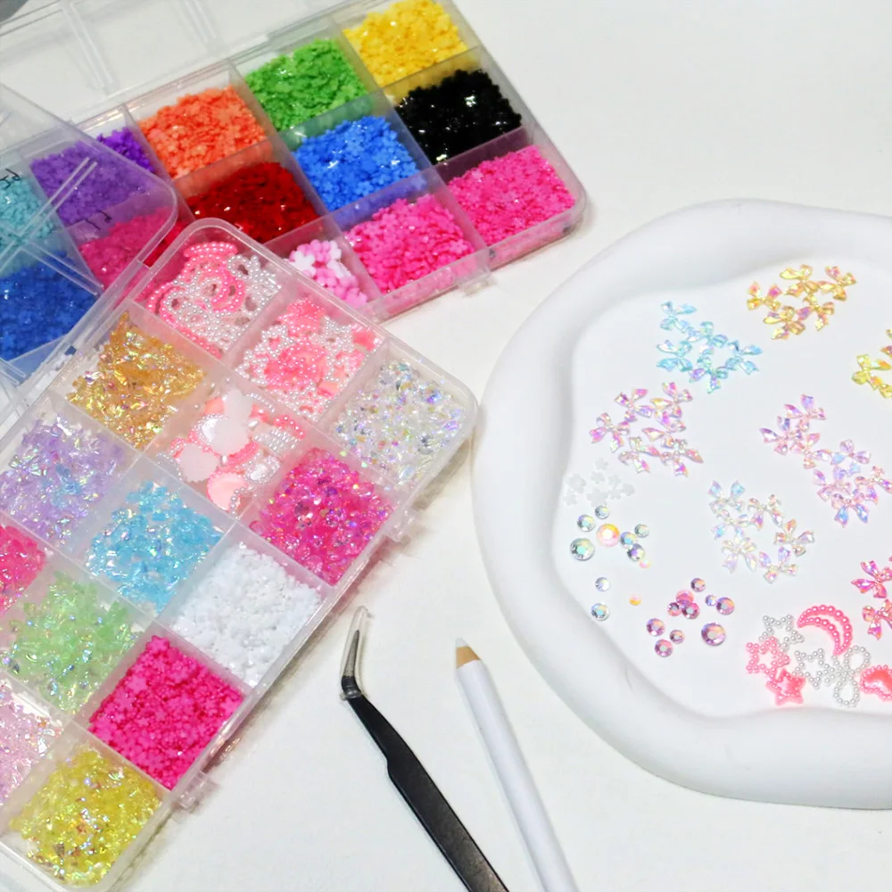 15 ячеек смешанный бант лента для ногтей искусственный 3D цветок из смолы луна