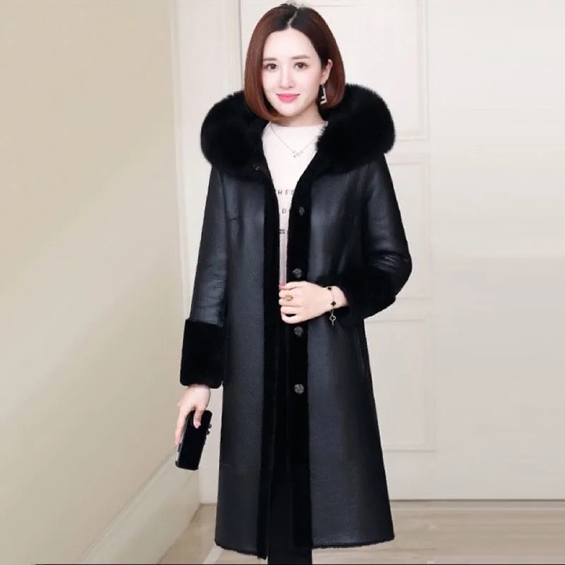 

2022New Fashion Pu Leather Jacket Women Winter Sheep Shear Leather Fur Together Hooded Coat Wear Both Sides Sheepskin Coat R2459
