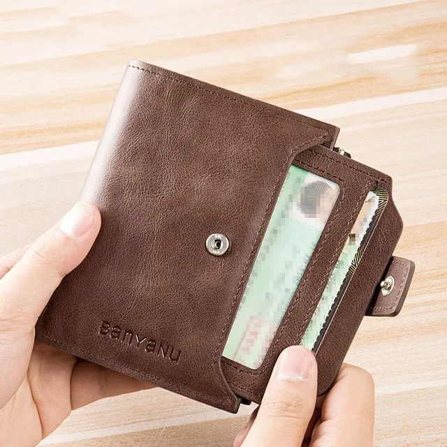 Man Coin Purse RFID Blocking Genuine Leather Wallet Vertical Snap Zipper Business Card ID Holder Bag Wallets for Men 3