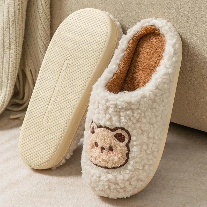 Winter House Women Fur Slippers Warm Soft For Men Cute Cartoon Bear Bedroom Ladies Girls Fluffy Slippers Couples Plush Shoes 3