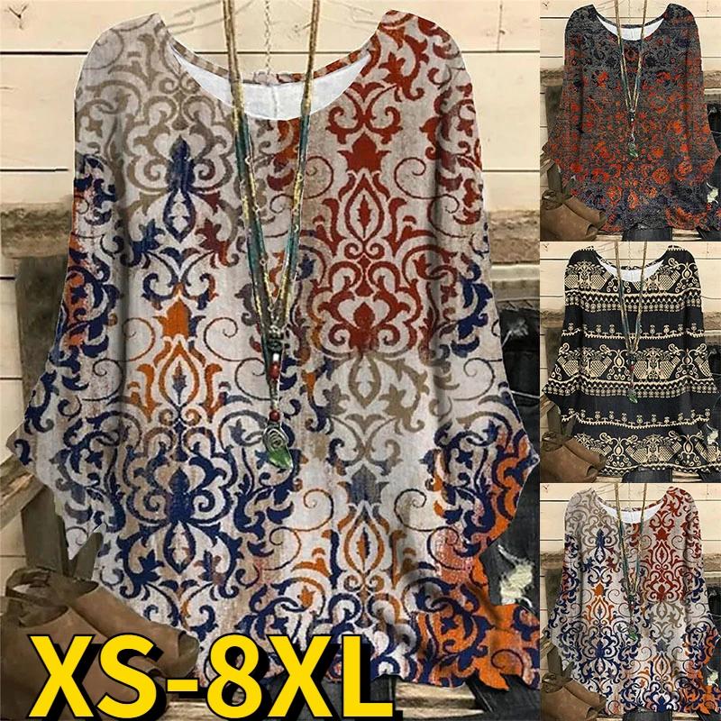 

Женский свободный пуловер с круглым вырезом, Повседневная футболка с длинным рукавом и принтом, в стиле ретро, Осень-зима 2022