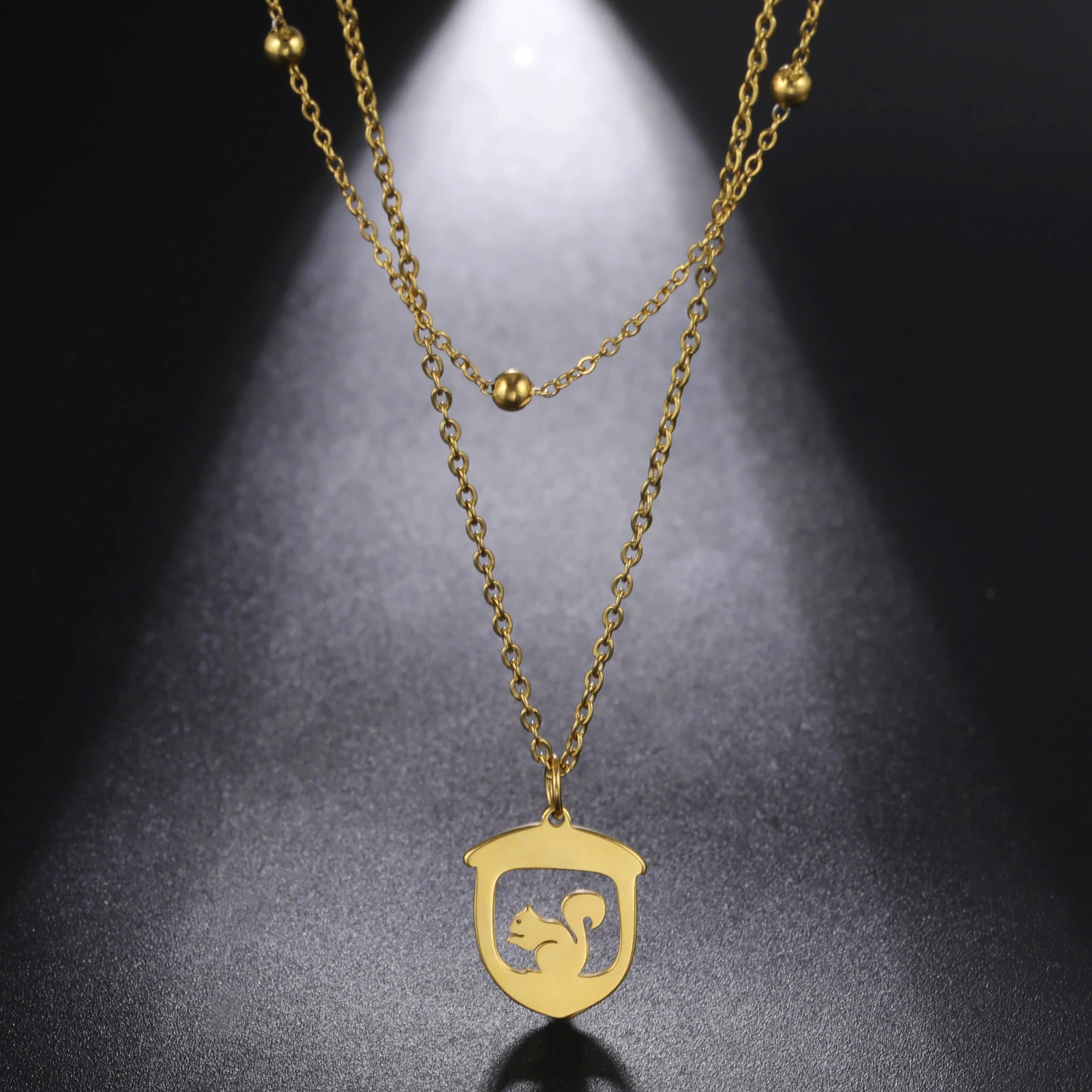 

Fashion Women's Necklace Acorn Squirrel Pendant Necklaces Double Layer Stainless Steel Necklace Jewelry for Birthday Gift