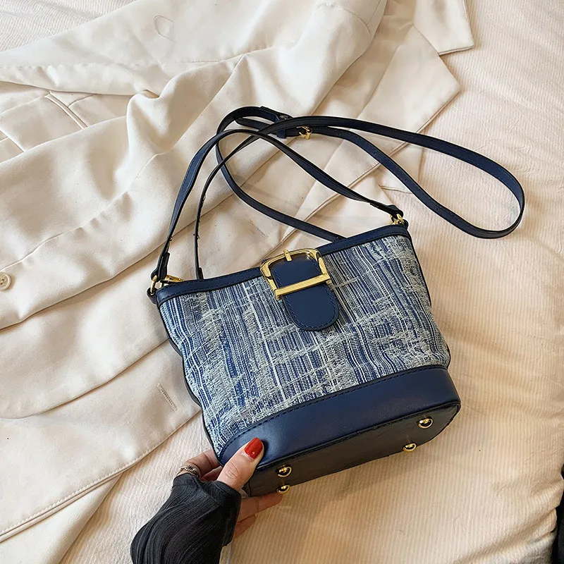 

Women's Fashion Bucket Bag Pu WIth Denim Versatile Handbags Large Capacity Female Casual Crossbody Pack Commute Shoulder Bags
