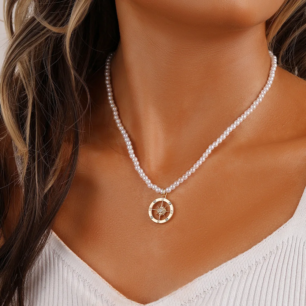 

Retro Y2K Pearl Pendant Necklace Anchor Coin Star Necklace Simple Light Luxury Zircon Autumn and Winter New Women's Jewelry