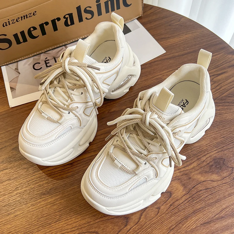 Women's 2023 Flat Platform Sneakers Leather Non-Slip Thick Soled Running Trainers Shoes Women's Sports Daddy Shoes Tennis Female