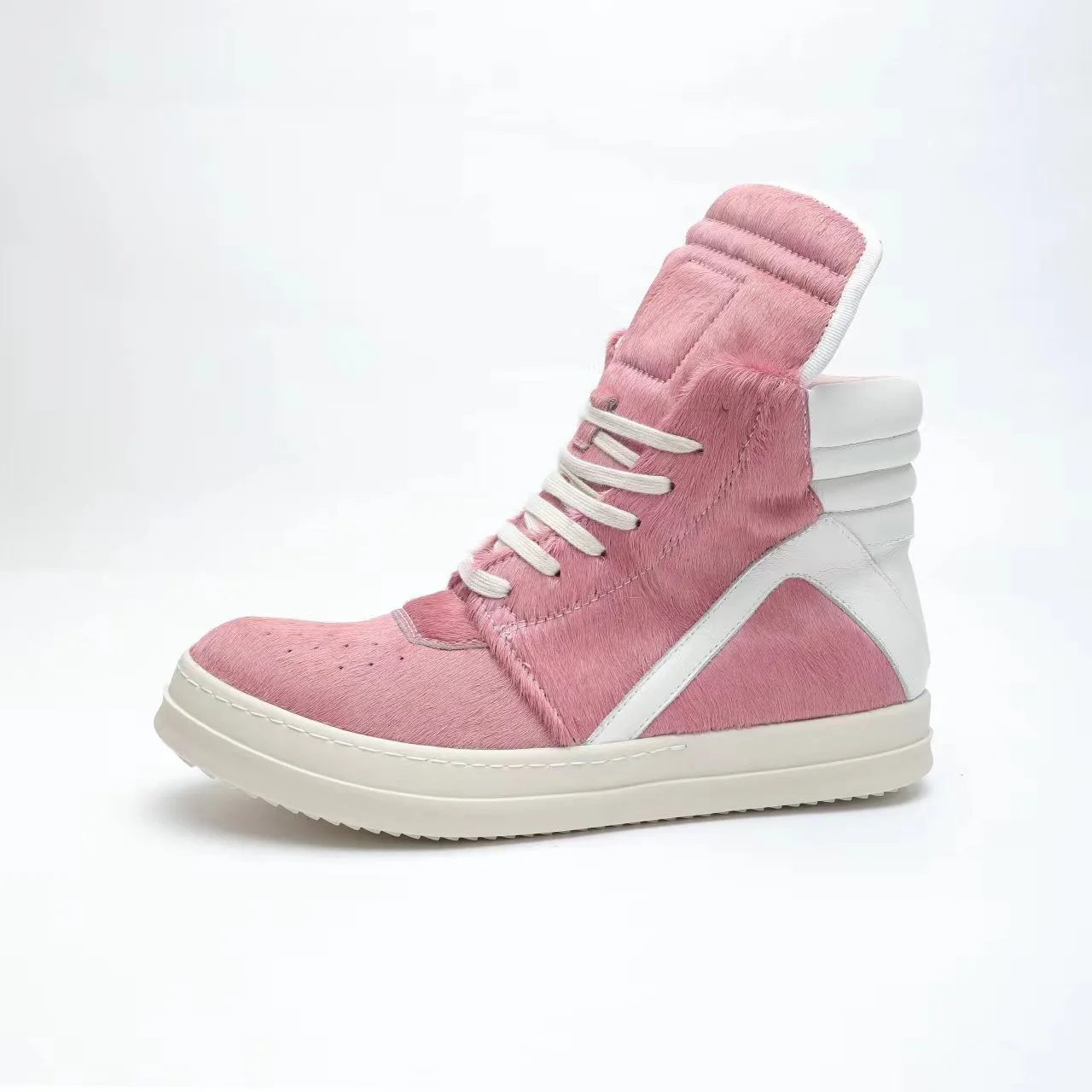 

New Fashion Casual Horse Hair High Top Shoes Casual Pink Thick Sole Round Head Mid Barrel Triangle Whiteboard Shoes